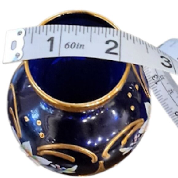 Vintage Mini Cobalt Blue Glass Vase, Gold Trim, 3D Hand painted Floral Design - Picture 10 of 10
